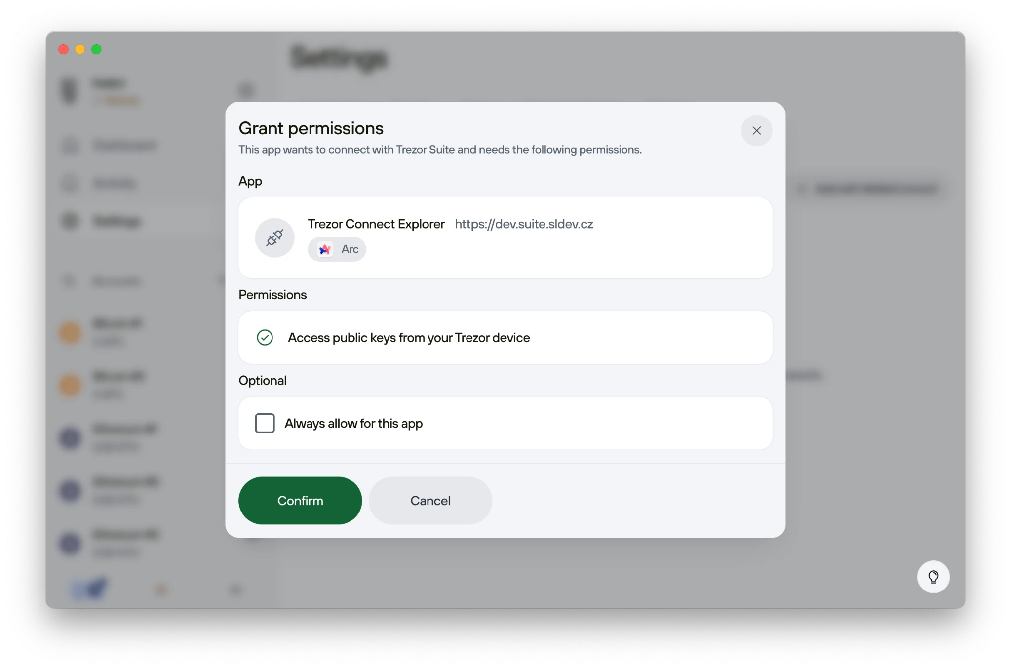 permission prompt for approving the connection to Trezor Suite